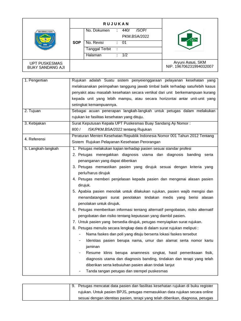 SOP Rujukan Pelayanan Kesehatan PKM | PDF