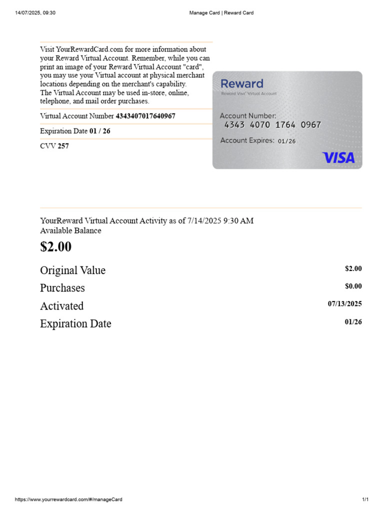 YourRewardCard Balance & Usage Info | PDF