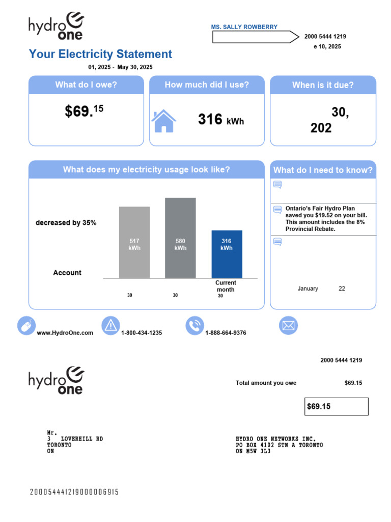 Ontario Hydro Bill Summary 2025 | PDF | Electric Power | Power (Physics)