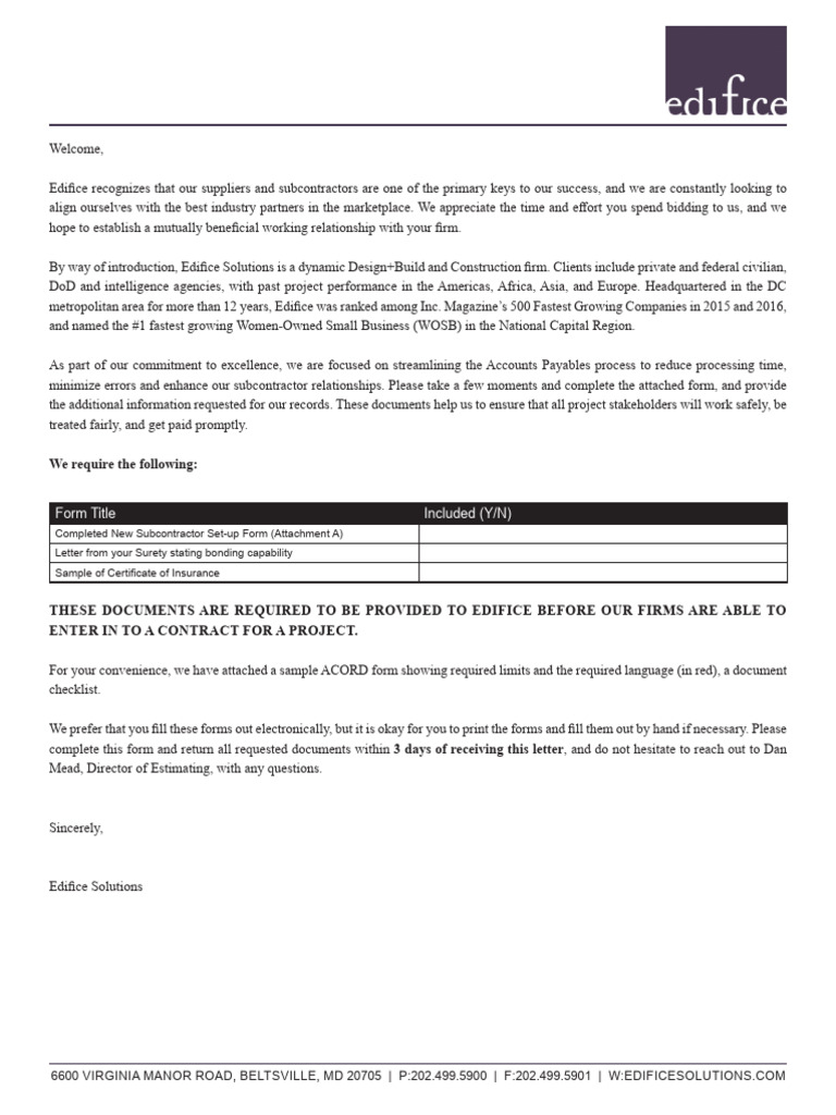 Request for Subcontractor Insurance Certificate | PDF | Liability ...