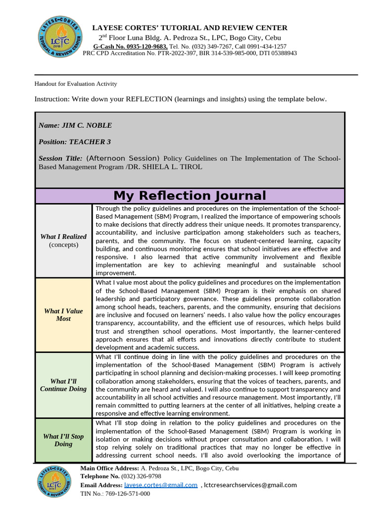 Reflection on School-Based Management | PDF | Business | Cognition
