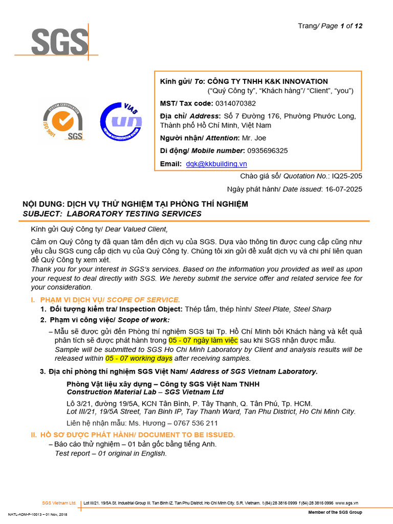 Iq25-205 - K&K Innovation - Laboratory Testing Service - Quotation | PDF