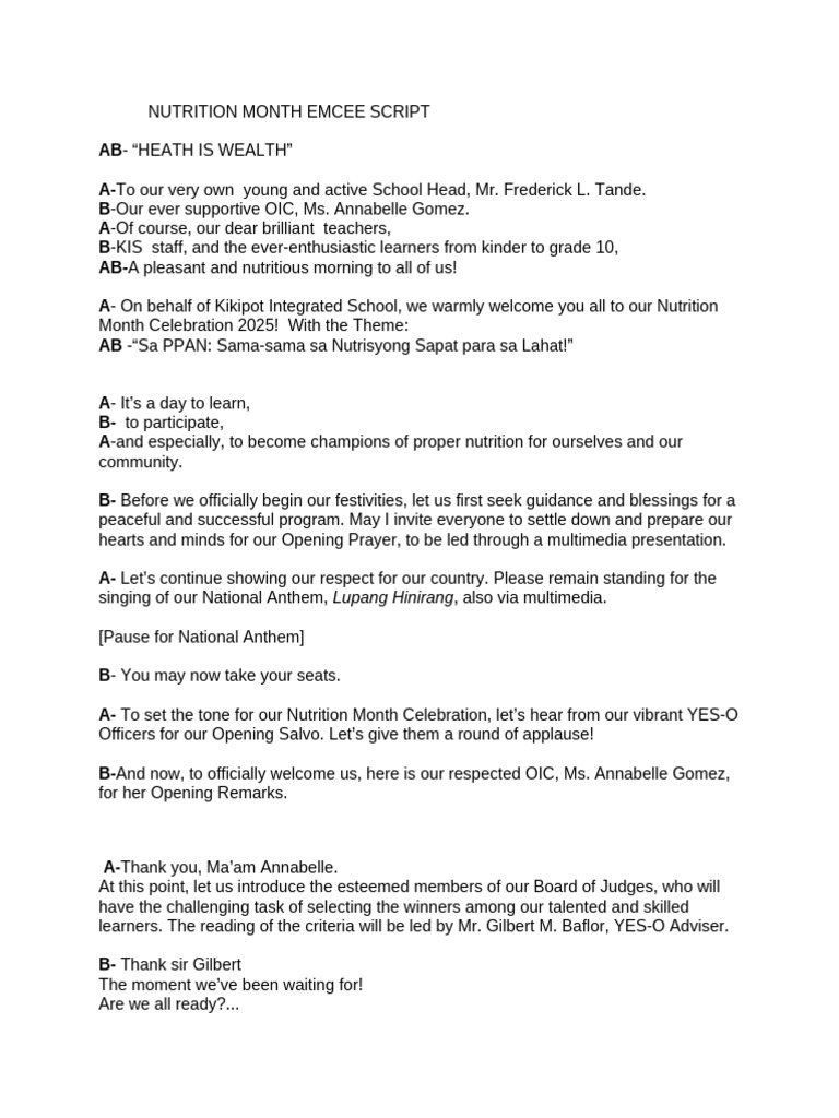 Nutrition Month Emcee Script Pdf