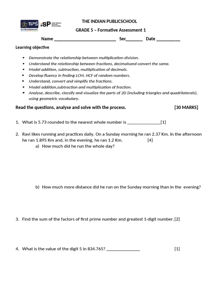 Grade 5 Math Formative Assessment Guide | PDF | Multiplication | Numbers