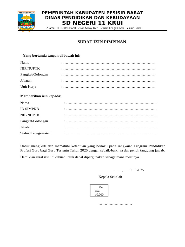 Surat Izin Program Pendidikan Guru 2025 | PDF