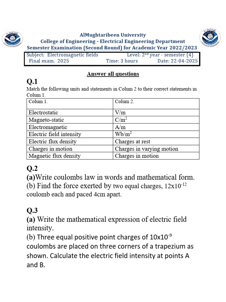 Electromagnetic Fields Exam 2025 | PDF