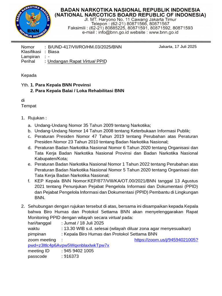 Undangan Rapat Virtual PPID BNN 2025 | PDF