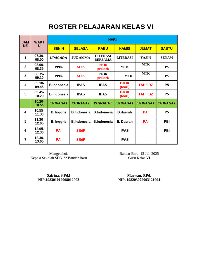 Roster Pelajaran Kelas VI SDN 22 | PDF