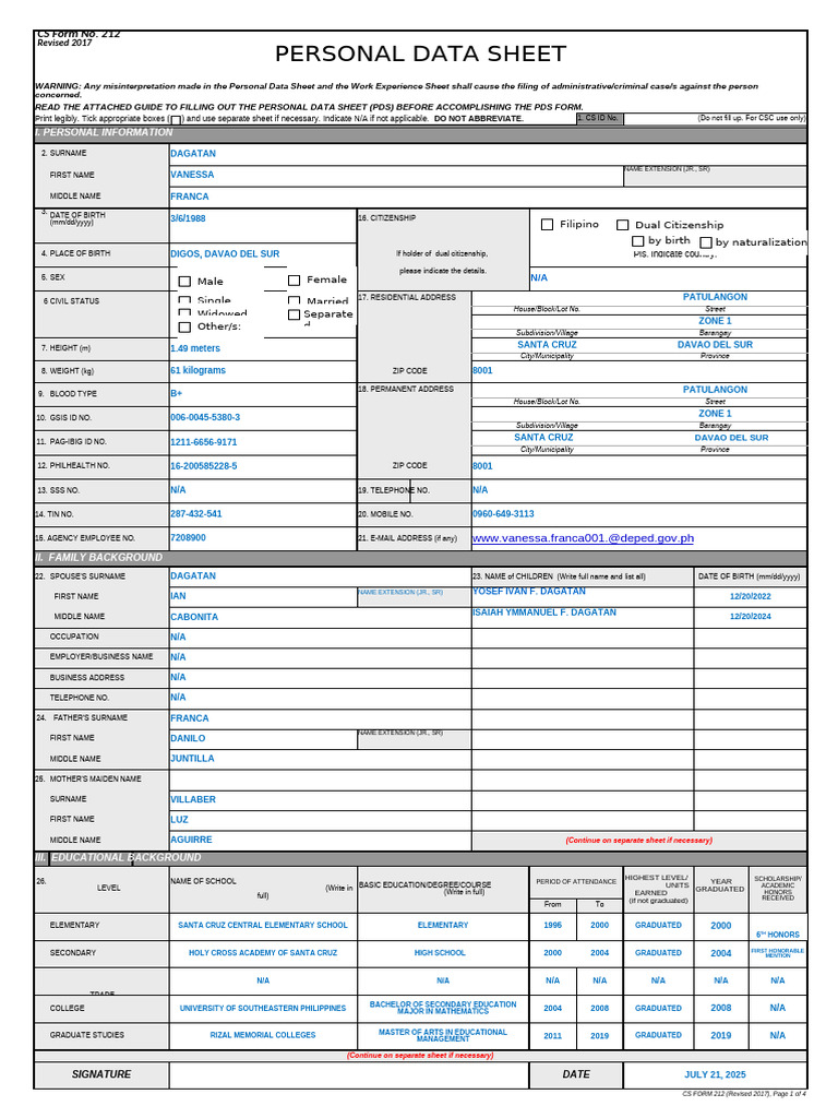 Personal Data Sheet Template | PDF