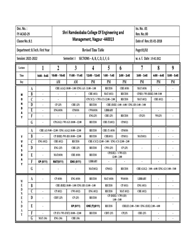B.Tech First Year Revised Time Table | PDF
