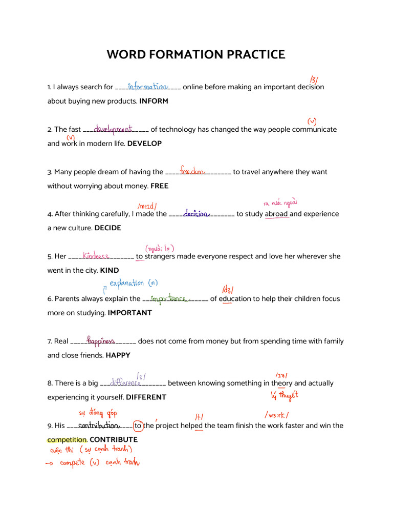 Word Formation Practice Exercises | PDF