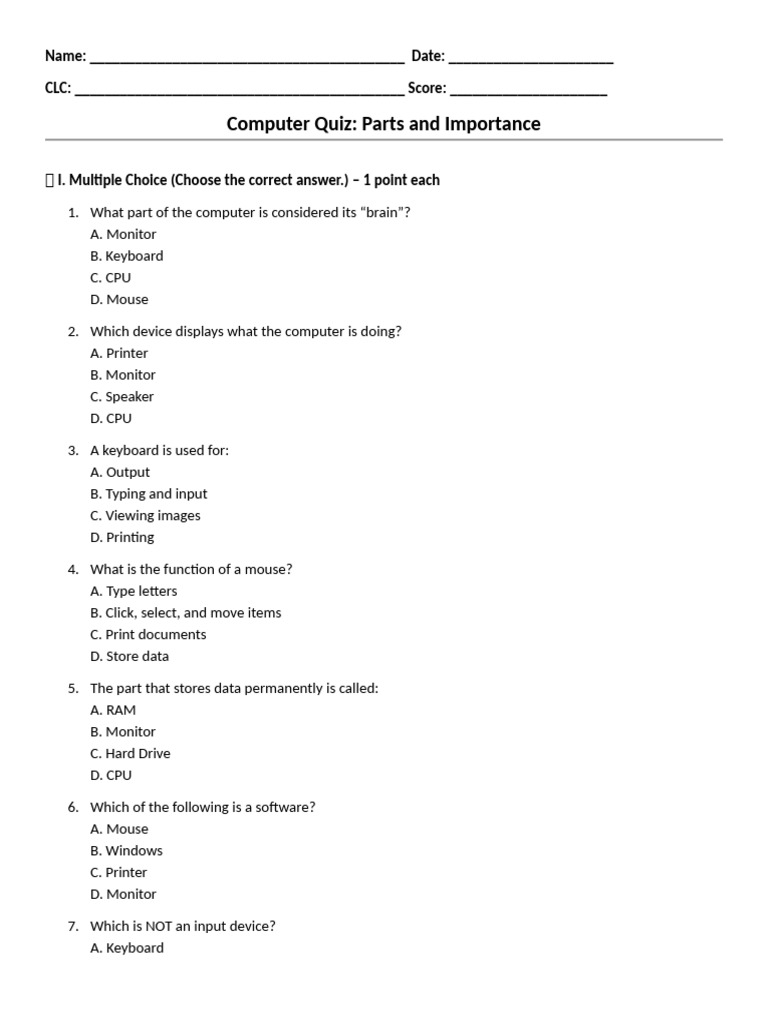 Computer Parts Quiz and Importance | PDF | Input/Output | Computer Hardware