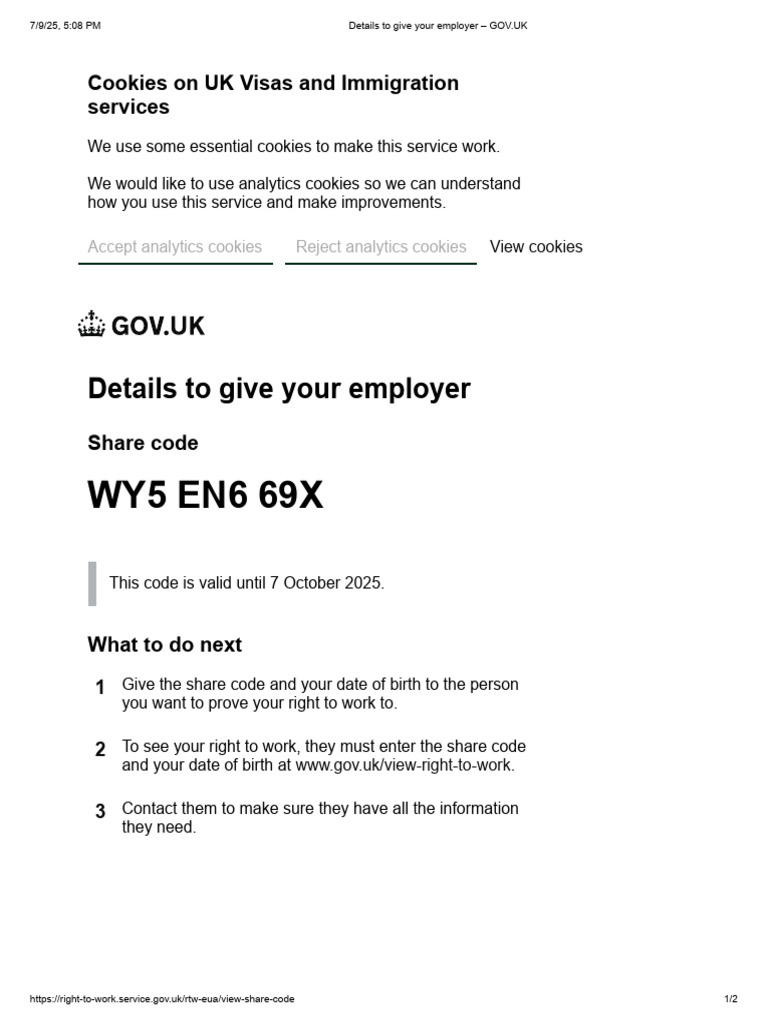 Generate Your Right to Work Share Code | PDF
