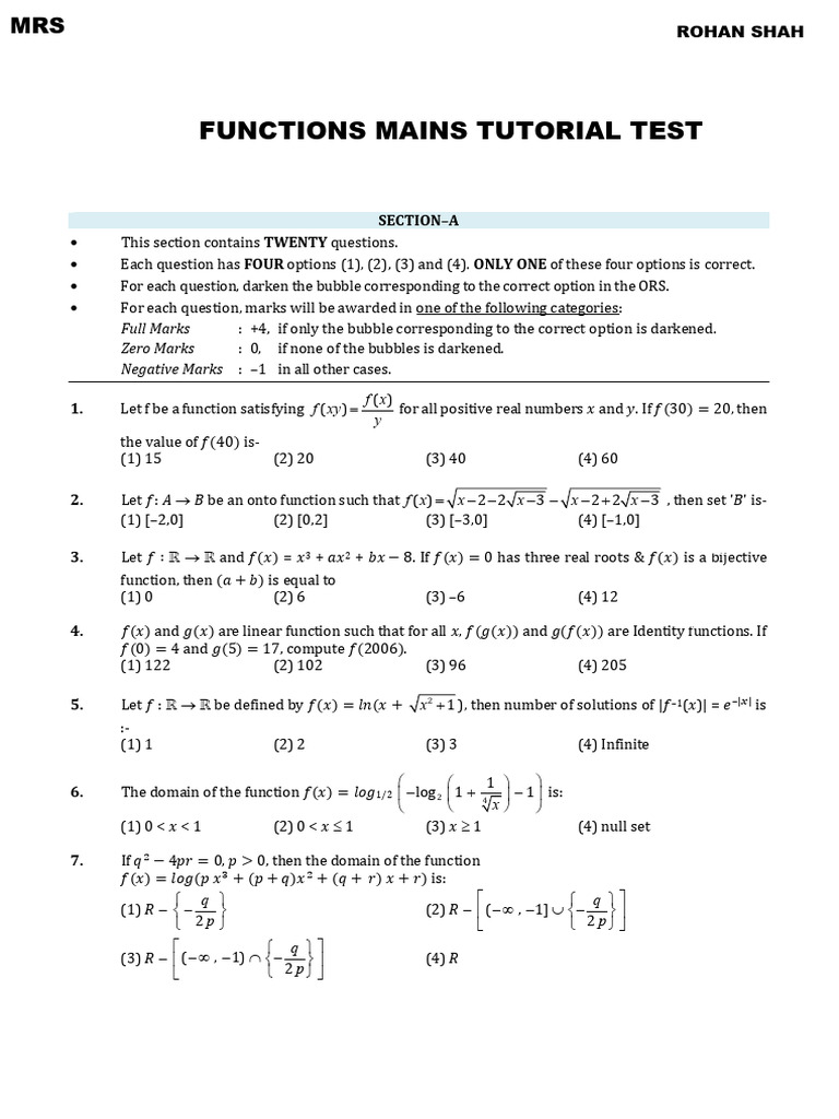 Functions Mains Tutorial Test Questions | PDF | Function (Mathematics ...