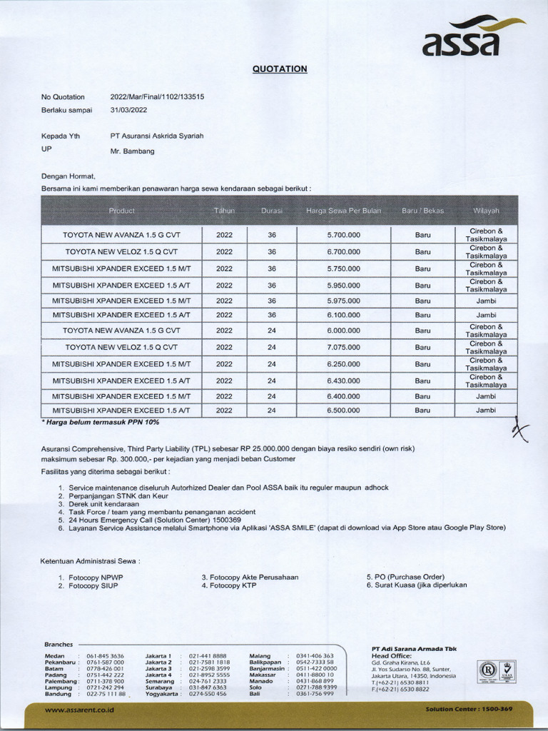 Penawaran Sewa Mobil ASSA Rent | PDF