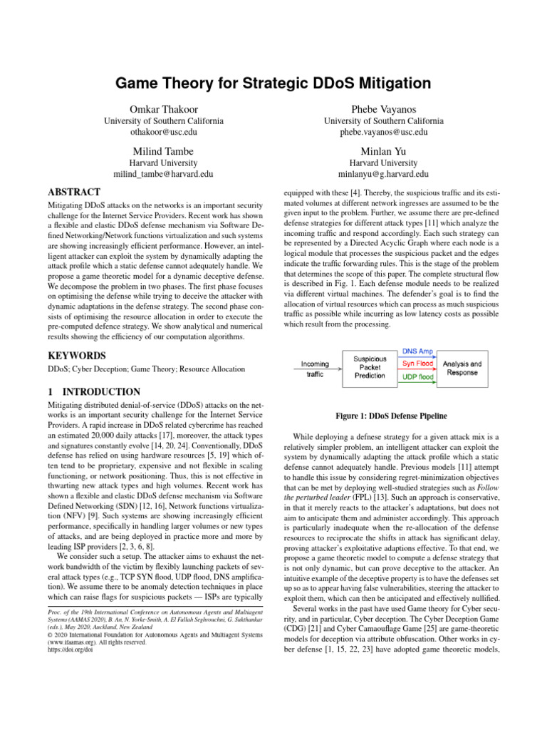 Game Theory for DDoS Defense Strategies | PDF | Denial Of Service ...
