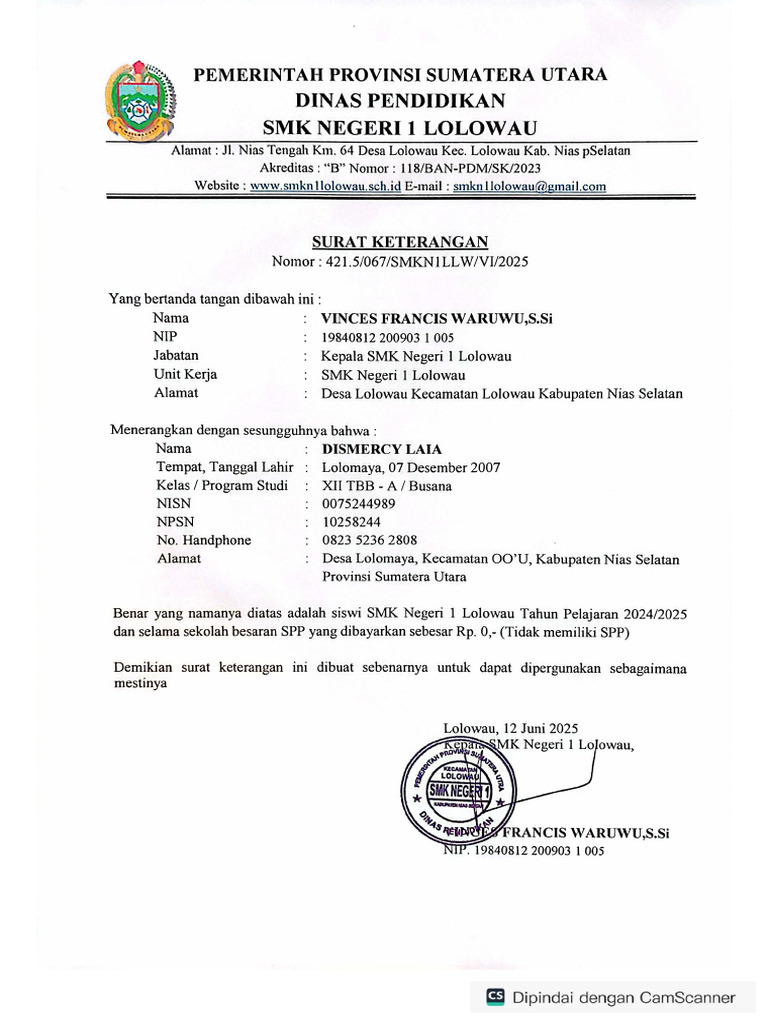 Surat Keterangan Bebas SPP | PDF