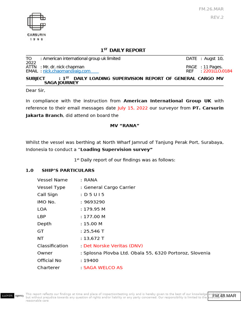 Daily Loading Supervision Report: MV RANA | PDF | Cargo | Shipping