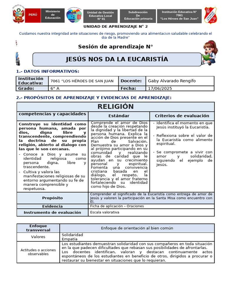 Sesión Relig | PDF | eucaristía | Aprendizaje