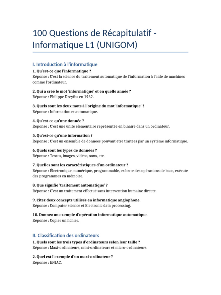Questions Clés en Informatique L1 | PDF | Technologies de l'information ...