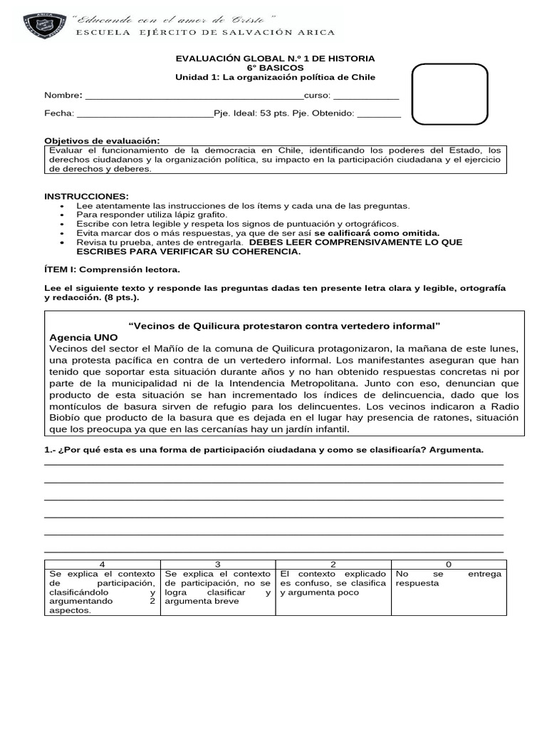 Evaluación de Historia: Democracia en Chile | PDF | Ministerio ...