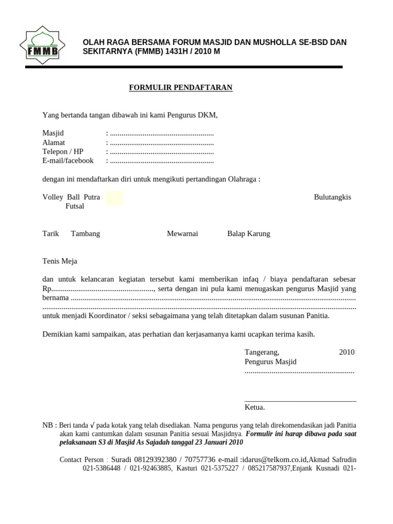 Formulir Pendaftaran FMMB Jan 2010 | PDF