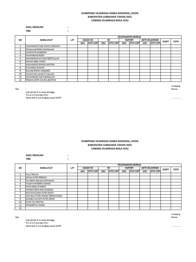 Daftar Atlet O2SN 2025 Lumajang | PDF