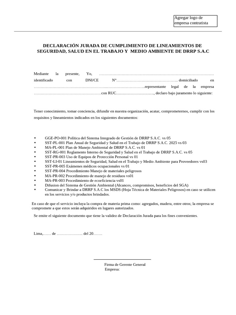 Declaración Jurada de Cumplimiento DRRP | PDF