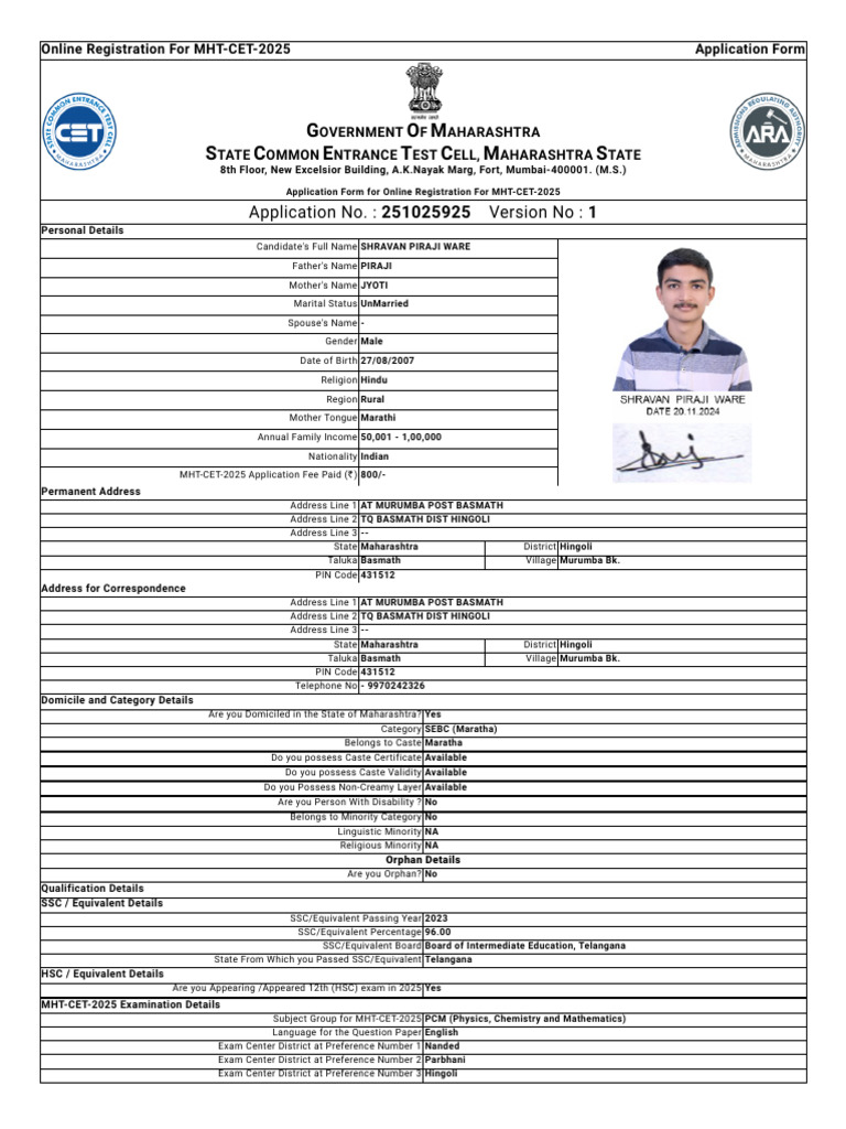 MHT-CET-2025 Registration for Basmath | PDF