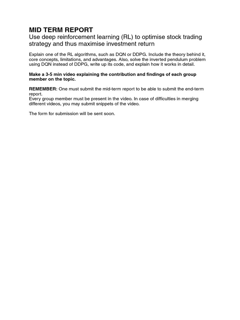 MID TERM REPORT - Use Deep RL To Optimize Stock Trading | PDF