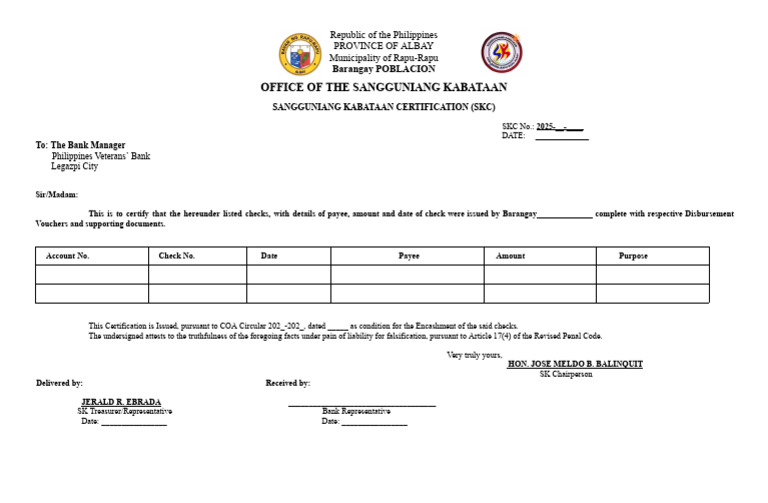 SKC Certification for Check Encashment | PDF | Youth Organizations