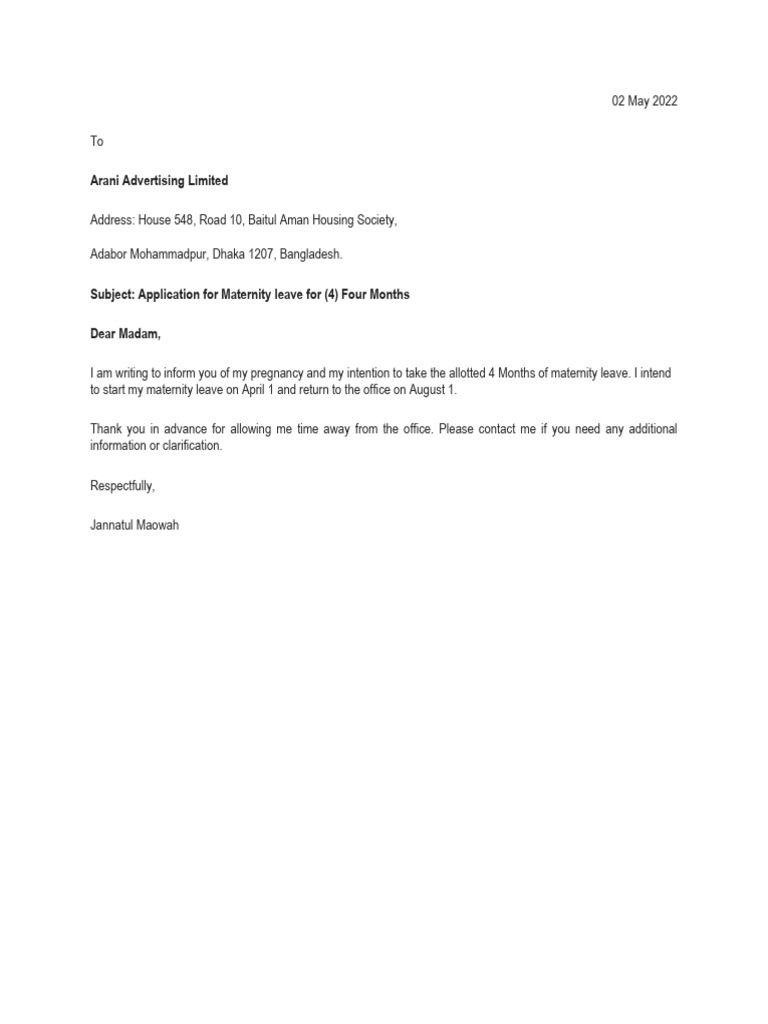 Maternity Leave Application Letter | PDF
