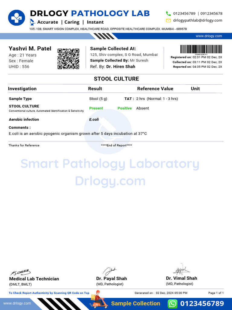 Stool Culture Test Report for E.coli | PDF | Health Care | Medicine