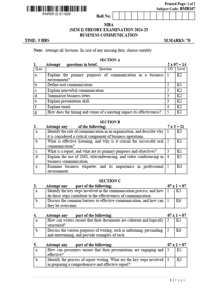 Mba 1 Sem Business Communication Bmb107 Mar 2025 | PDF | Communication ...