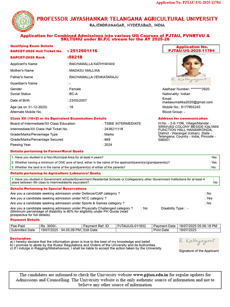 PJTAU UG Admission Application 2025-26 | PDF