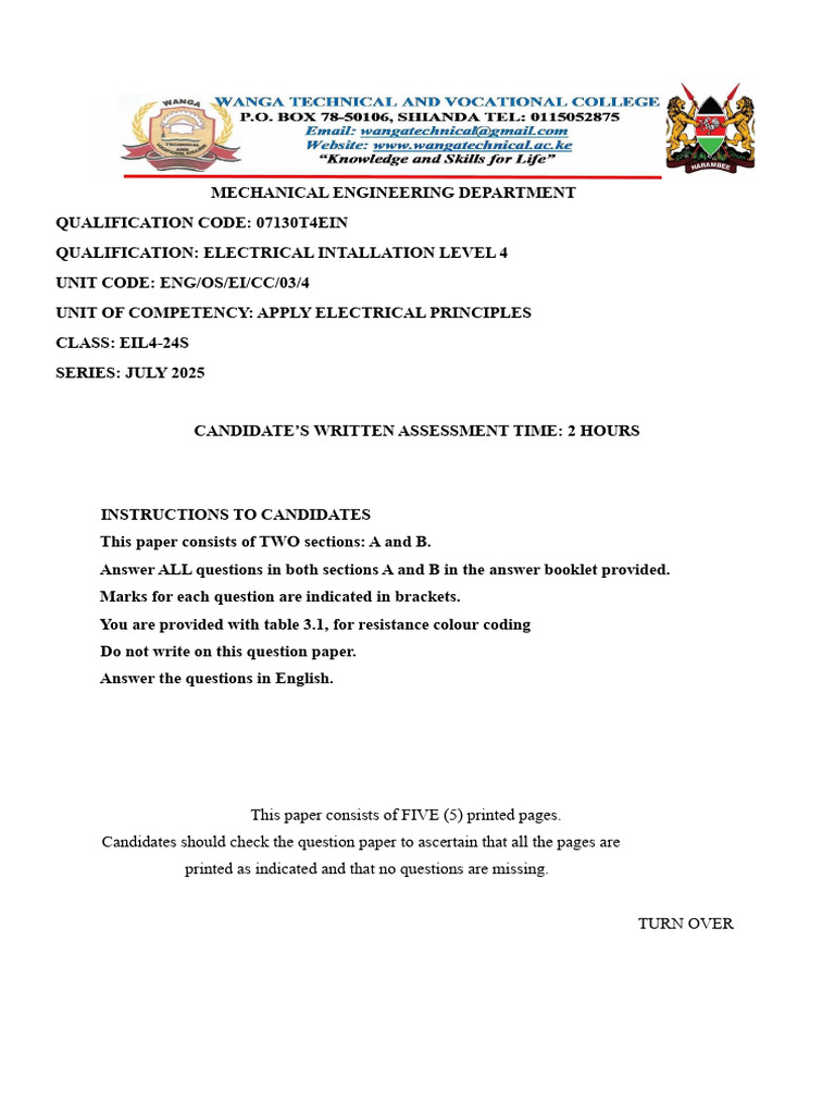 Electrical Principles Assessment Paper | PDF | Series And Parallel ...