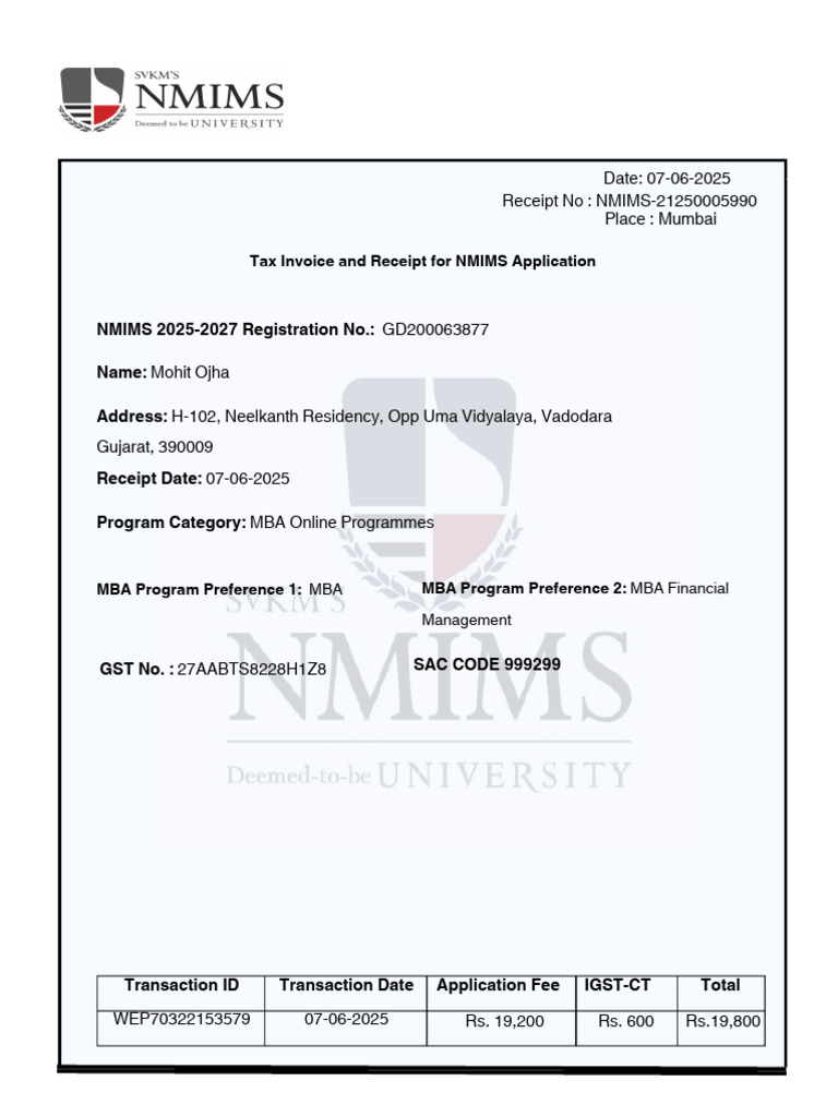 NMIMS MBA Application Fee Receipt | PDF