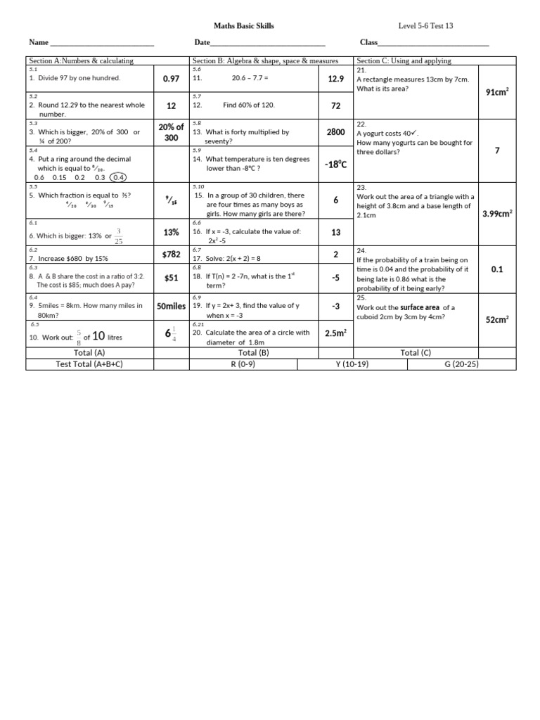 Level 5-6 Maths Skills Test Questions | PDF | Area | Elementary Mathematics