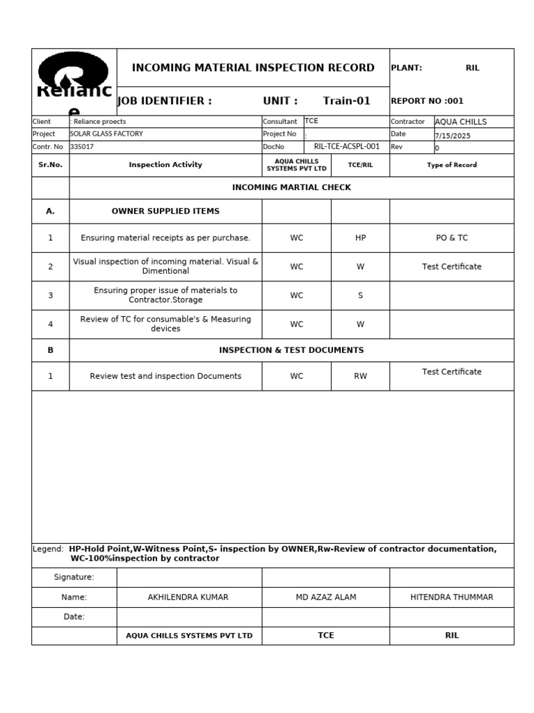 Incoming Material Inspection Record | PDF | Quality