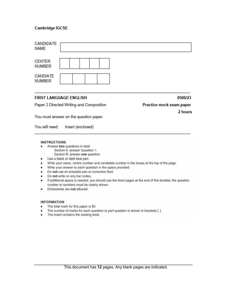 IGCSE English Mock Exam Paper 0500/23 | PDF