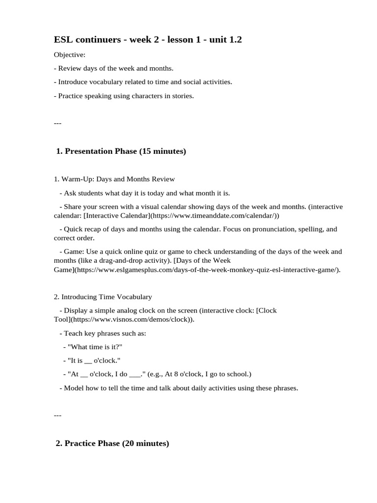 ESL Continuers - Week 2 - Lesson 1 | PDF | Clock | Applied Linguistics
