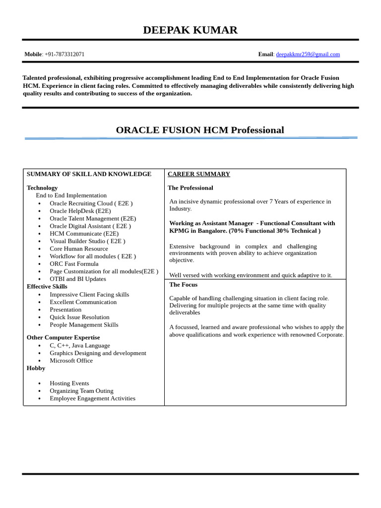 Oracle Fusion HCM Consultant Resume | PDF | Computing