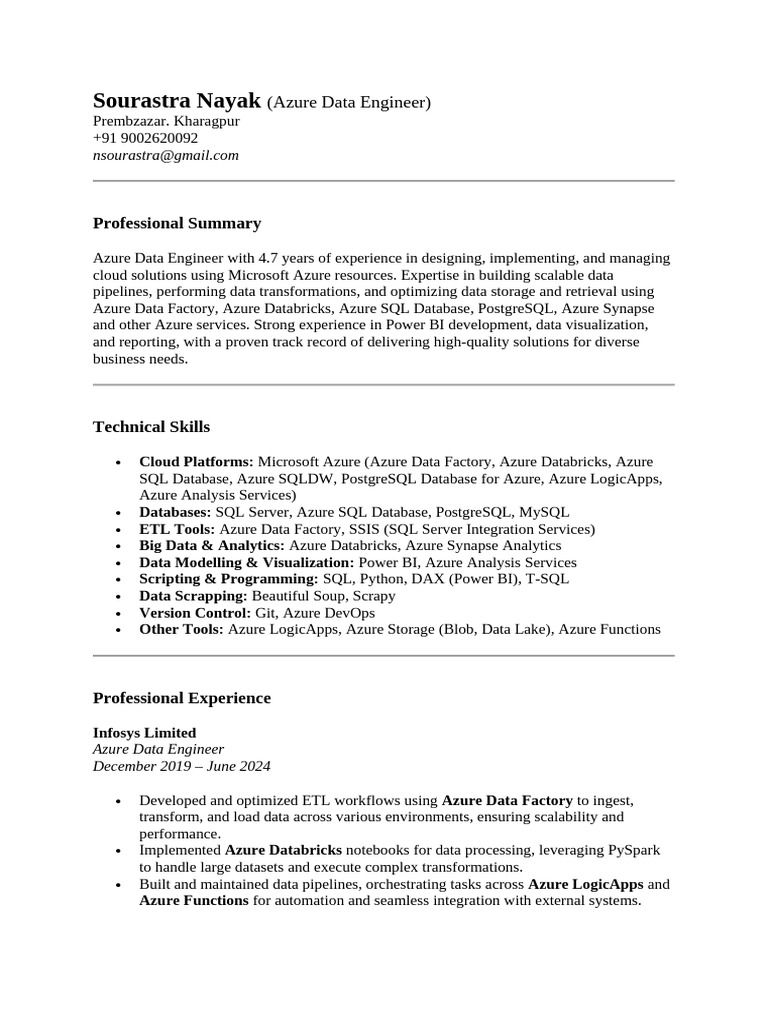 Azure Data Engineer Resume Summary | PDF | Microsoft Azure | Databases