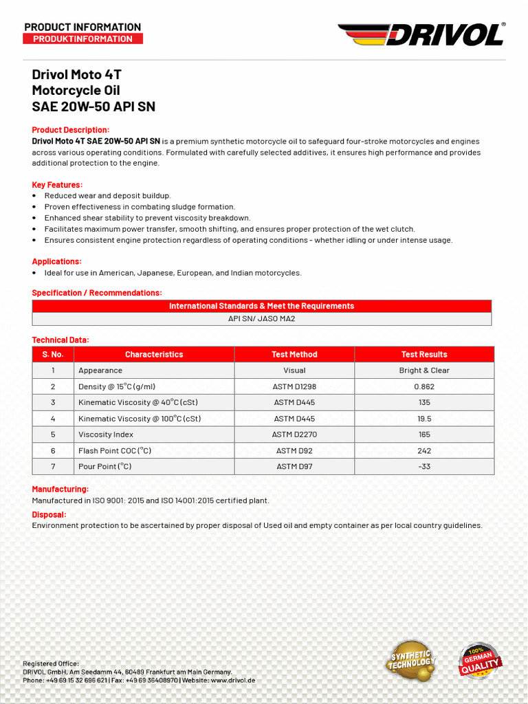 Drivol Moto 4t Sae 20w 50 API SN | PDF