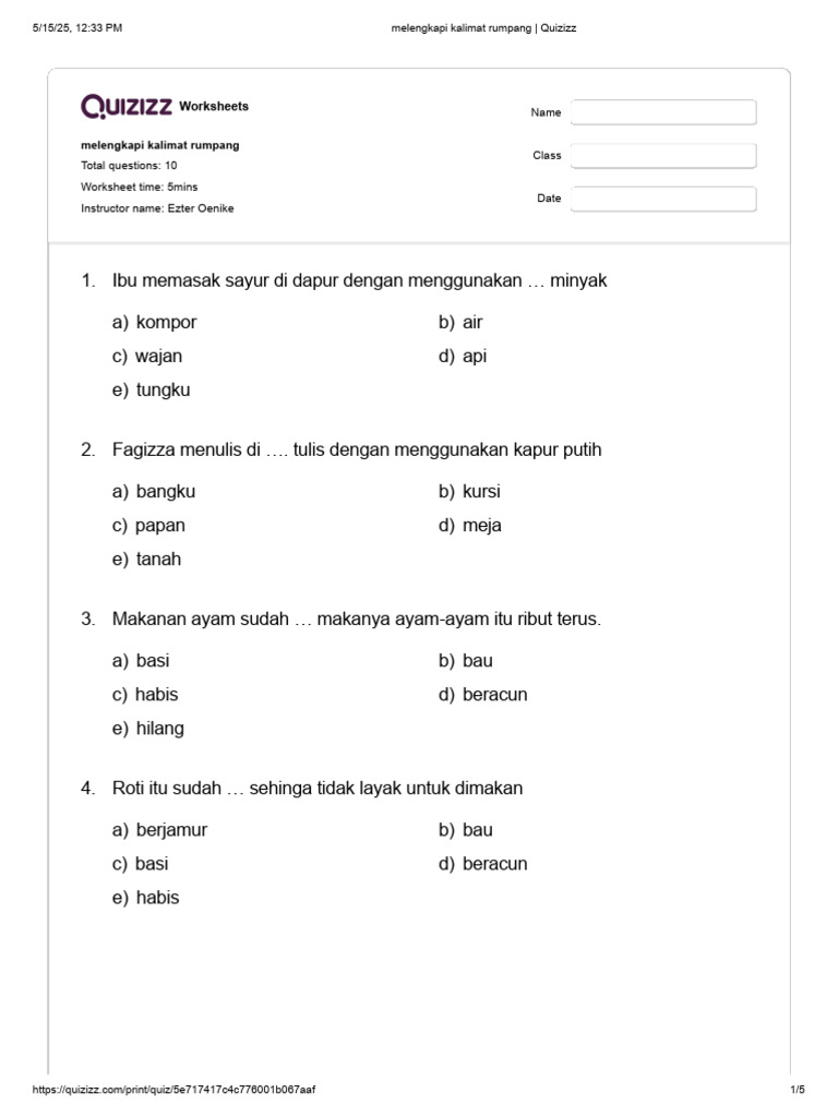 Melengkapi Kalimat Rumpang - Quizizz | PDF