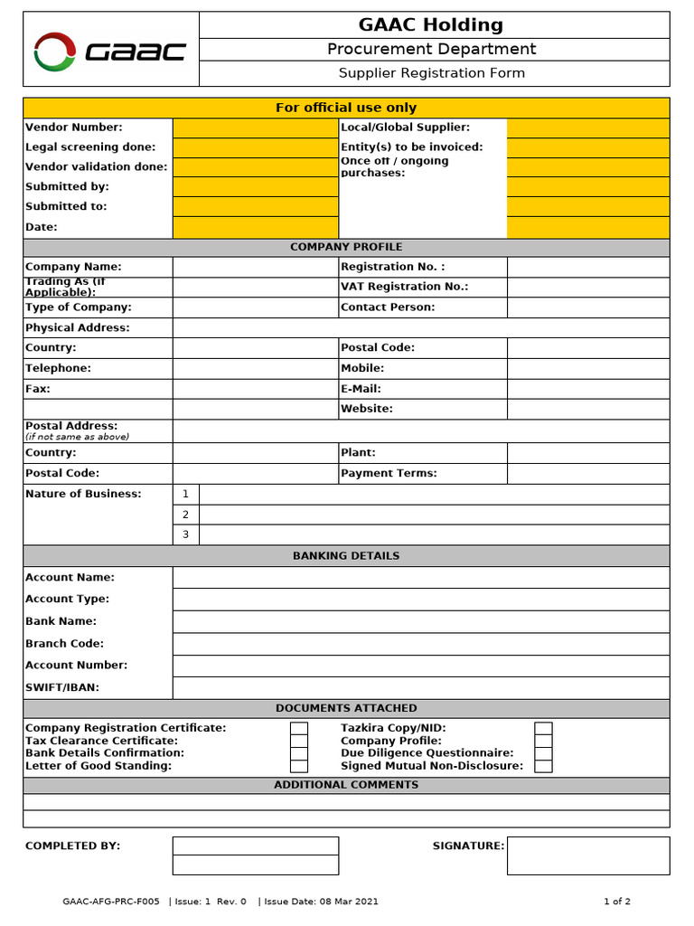 GAAC-AFG-PRC-F005 - Supplier Registration Form Rev0 | PDF