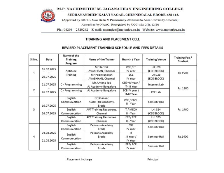 Revised Placement Training Schedule 2025 | PDF