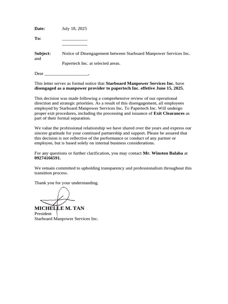 Notice of Disengagement from Papertech | PDF