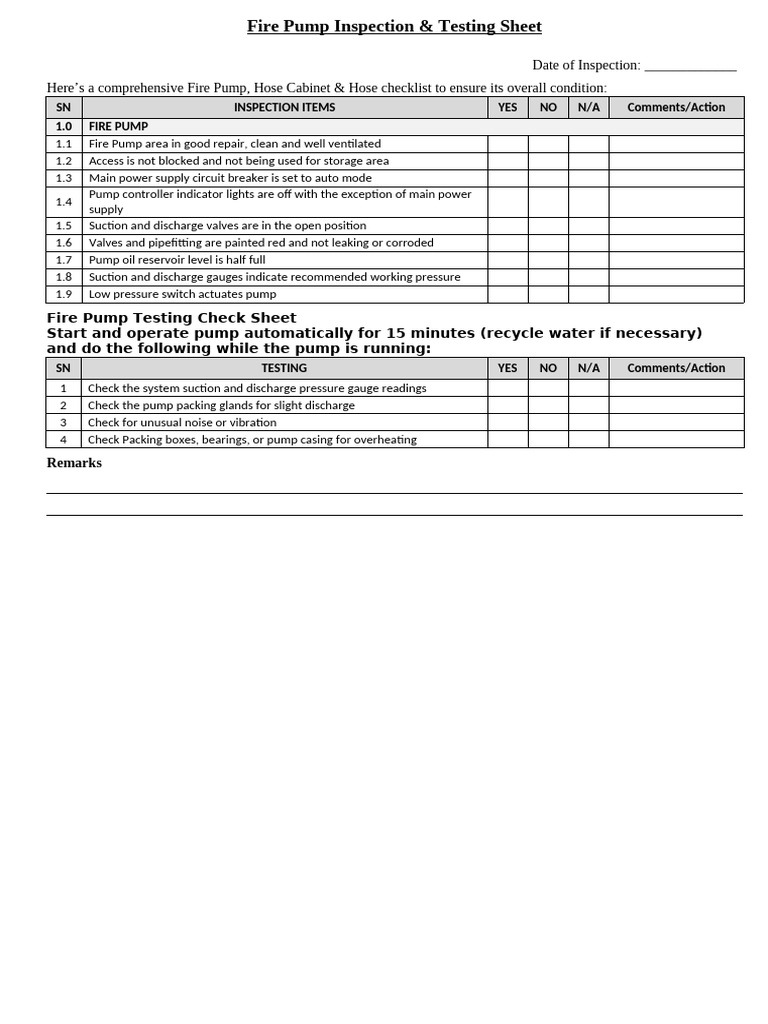 Fire Pump Inspection & Testing Sheet | PDF