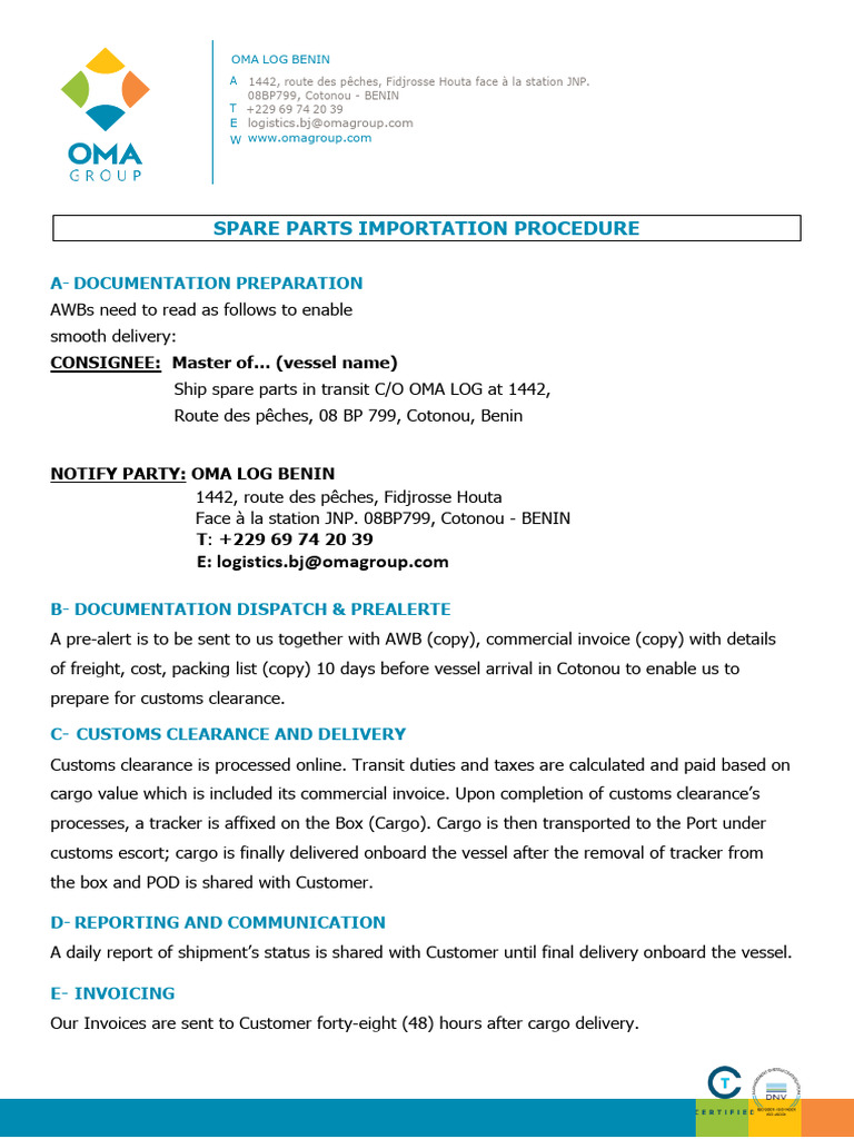 Spare Parts Import Procedure Benin | PDF
